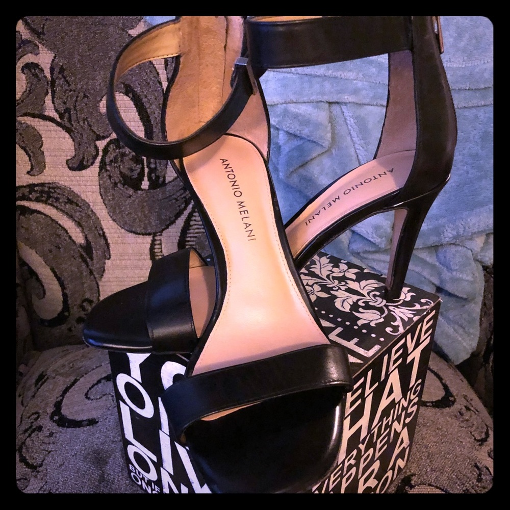 Antonio Melani Black Leather Open-toe Heels